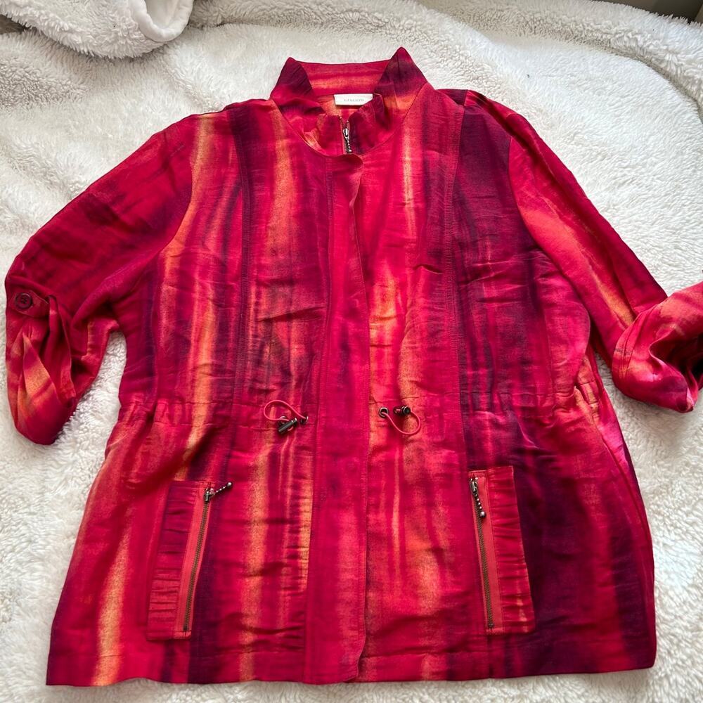 Chico's Womens Red/Pink Artsy Old Money Full Zip 3/4 Slv Cinch Jacket Sz 3 Linen - Picture 2 of 7